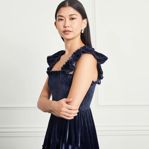 Hill House Dress Women Size XS Navy Blue Ellie Nap Velvet Midi Ruffle Pocket NWT - Picture 2 of 16